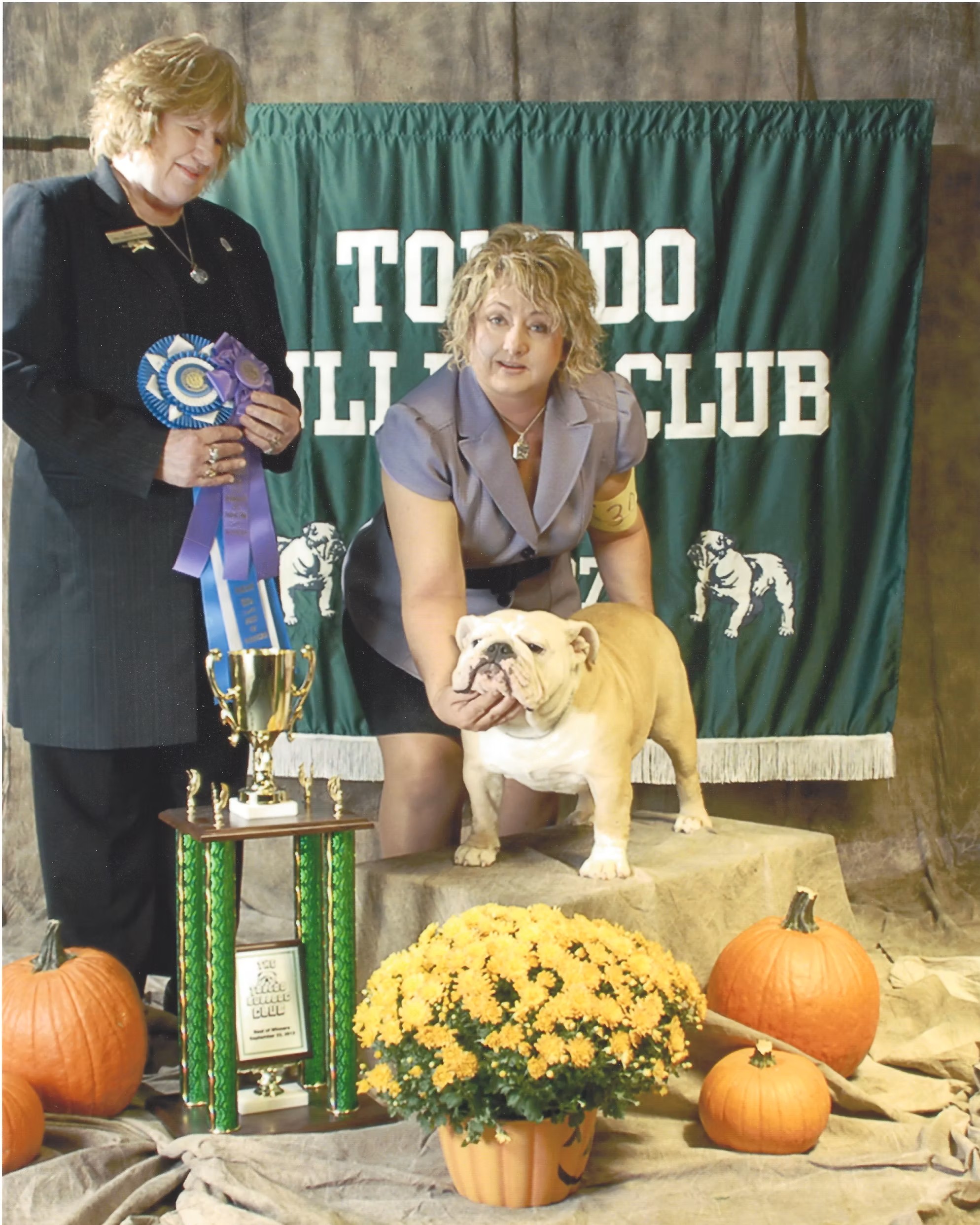 Bulldog With Show Judge and Owner