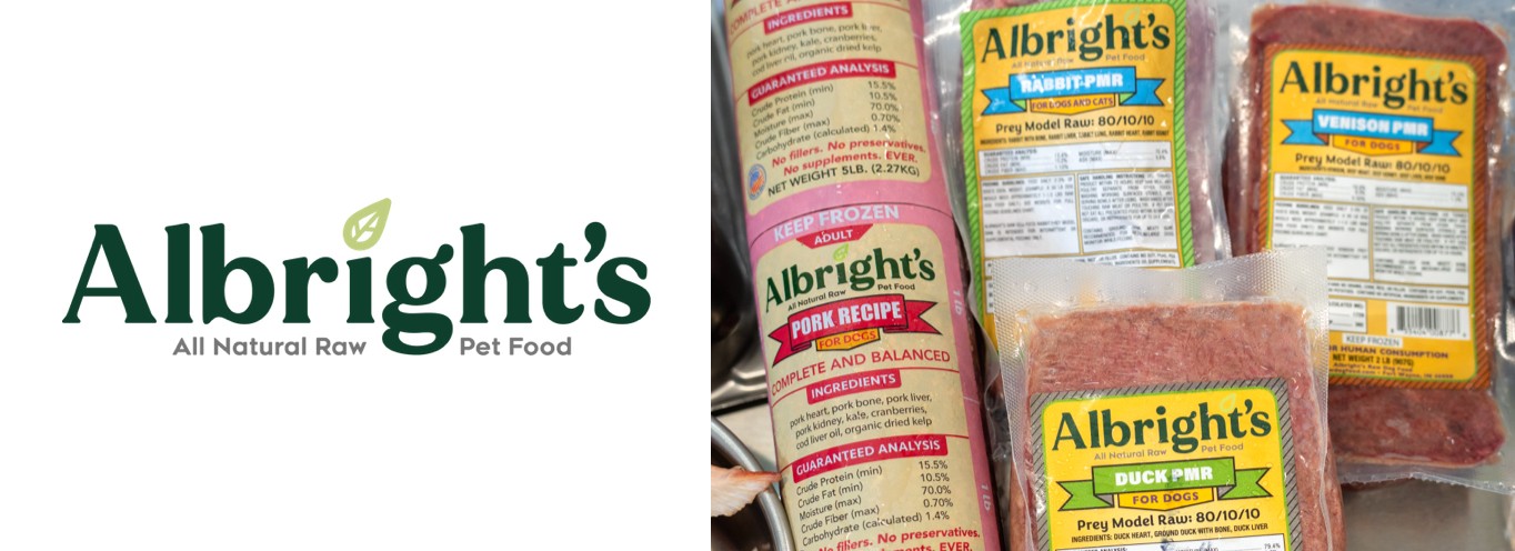 Albright's natural raw dog food logo with raw dog food products.