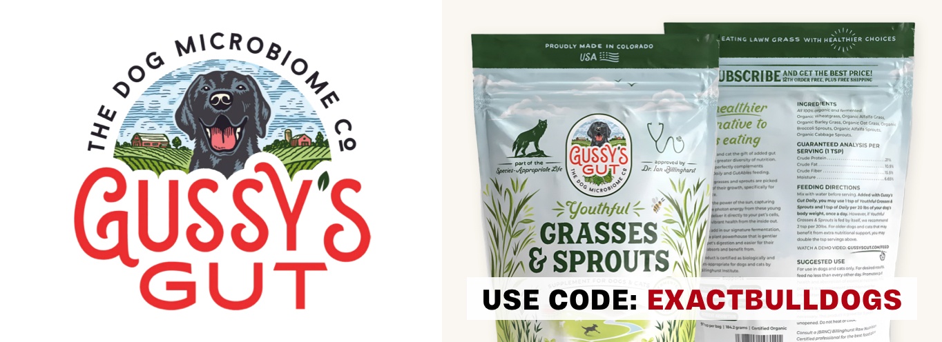 Gussy's Gut logo with Youthful Grasses & Sprouts product supplements.